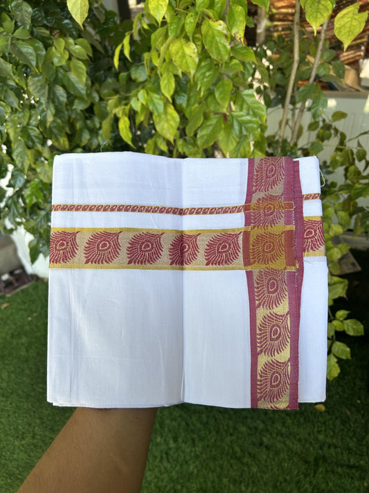 20% Discount ! KaithariKada Balaramapuram 100% Cotton Single Pure White Mundu/Dhoti - 30X70 - 1.5 inch Gold Kasav & Maroon Peacock Feather Jacquard Design kara 1.90 mtr (4 Muzham) - 7 KK5321 CJT