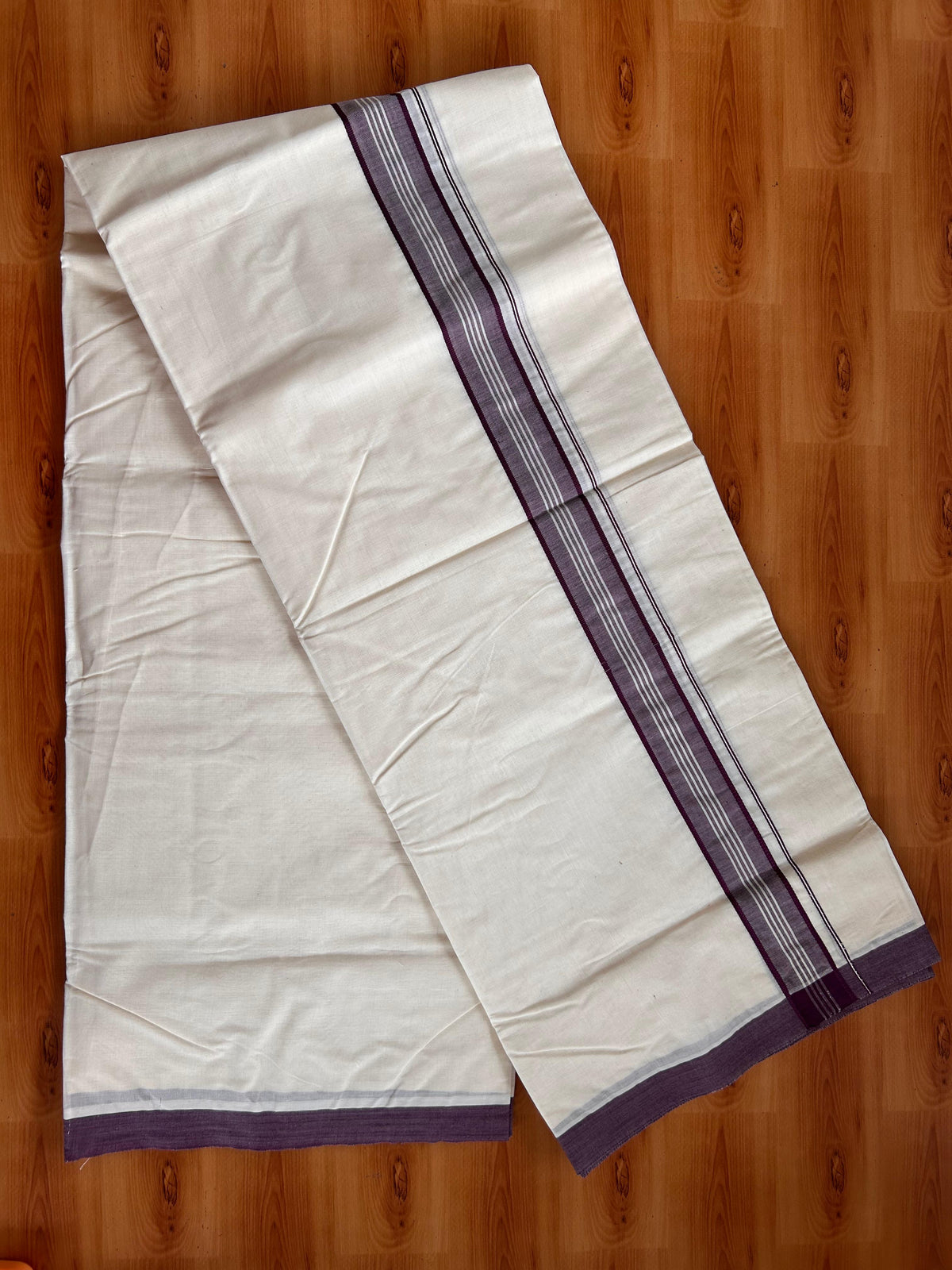 20% Discount ! KaithariKada 100% Cotton Off White (Unbleached) Double Dhoti/Mundu- 100X100 - 1.5 inch Wine Purple Shaded Striped Kara 4.50 Meters (10 Muzham) - 16 KK5539 ASH