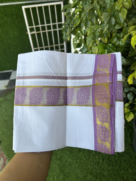 20% Discount ! KaithariKada Balaramapuram 100% Cotton Single Pure White Mundu/Dhoti - 30X70 - 1.5 inch Gold Kasav & Lavender Magenta Peacock Feather Jacquard Design kara 1.90 mtr (4 Muzham) - 6 KK5321 CJT