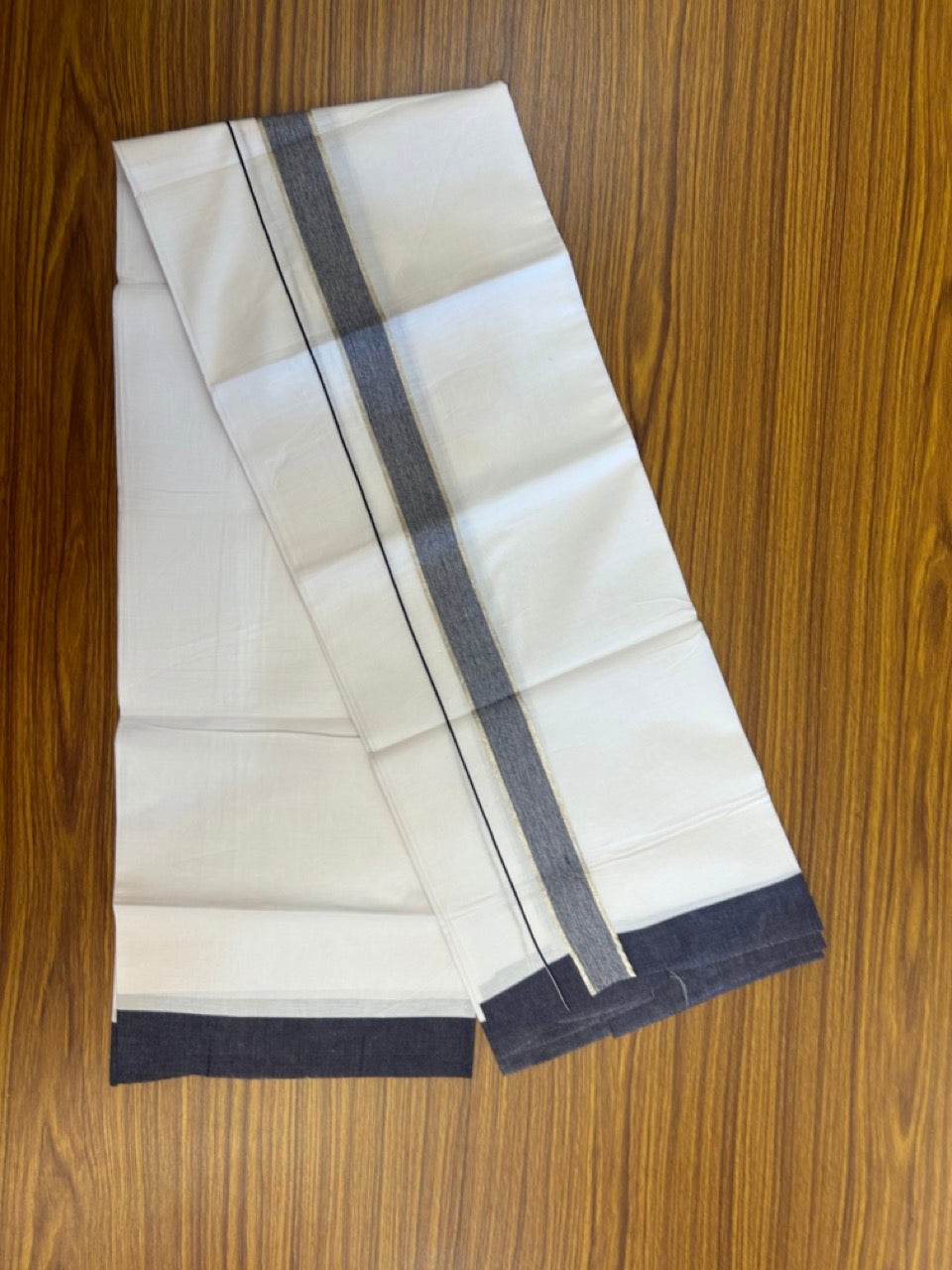 Kaitharikada - Balaramapuram 100% Pure Cotton South Indian Kids Pure White Mundu/Dhoti - 100x80 - 1.25 inch Silver Kasav & Navy Blue Shaded Kara 1.80 mtr (4 Muzham) - 10 KK5287 PMC