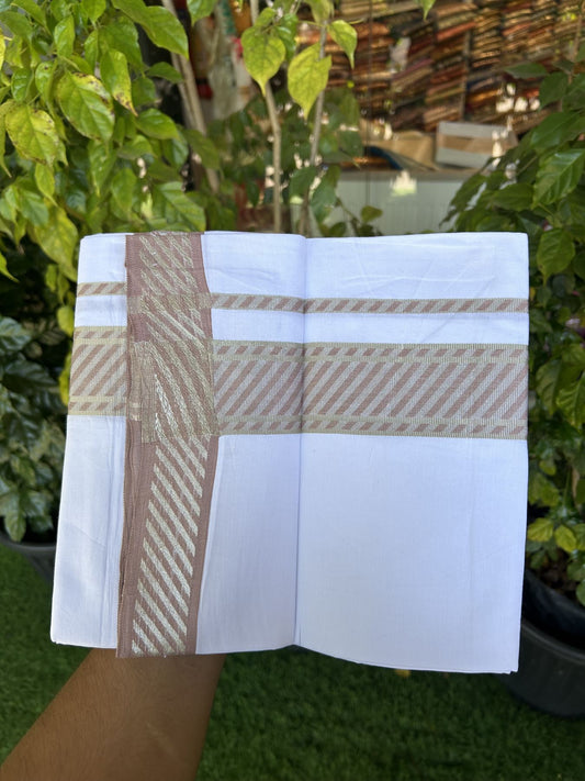 20% Discount ! KaithariKada Balaramapuram 100% Cotton Single Pure White Mundu/Dhoti - 30X70 - 2 inch Silver Kasav & Dusty Brown Jacquard Design kara 1.90 mtr (4 Muzham) - 1 KK5321 CJT
