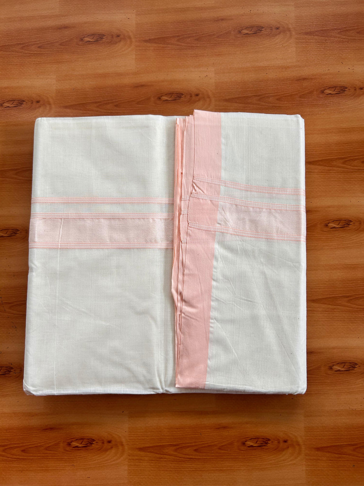 20% Discount ! KaithariKada 100% Cotton Off White (Unbleached) Double Dhoti/Mundu- 100X100 - 1.5 inch Pastel Peach Shaded Striped Kara 4.50 Meters (10 Muzham) - 17 KK5539 ASH