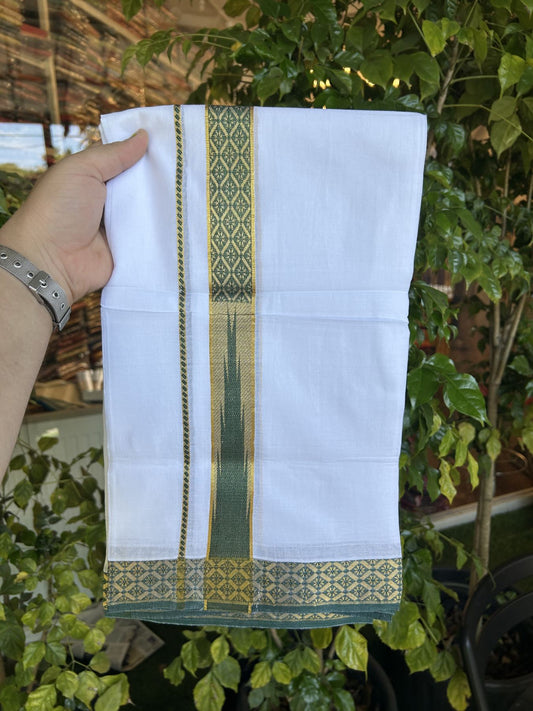 20% Discount ! KaithariKada Balaramapuram 100% Pure Cotton Double Pure White Mundu/Dhoti - 100x80 - 1.25 inch Puliyilakkara Gold Kasav & Green Jacquard Design Chutty kara 3.90 mtr (8 Muzham) - 17 KK5321 CJT