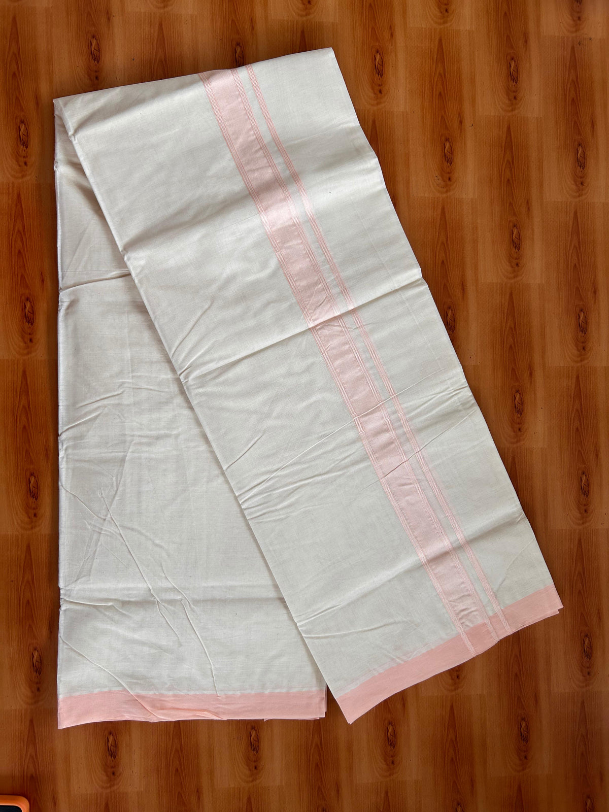 20% Discount ! KaithariKada 100% Cotton Off White (Unbleached) Double Dhoti/Mundu- 100X100 - 1.5 inch Pastel Peach Shaded Striped Kara 4.50 Meters (10 Muzham) - 17 KK5539 ASH