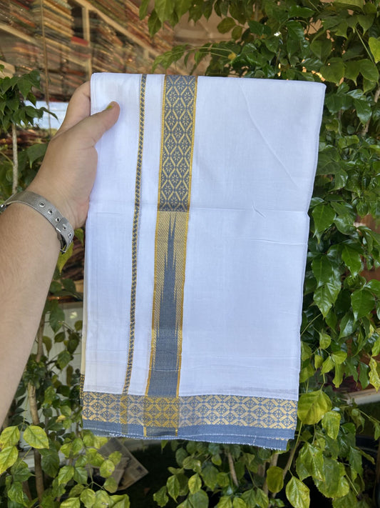 20% Discount ! KaithariKada Balaramapuram 100% Pure Cotton Double Pure White Mundu/Dhoti - 100x80 - 1.25 inch Puliyilakkara Gold Kasav & Peacock Blue Jacquard Design Chutty kara 3.90 mtr (8 Muzham) - 20 KK5321 CJT