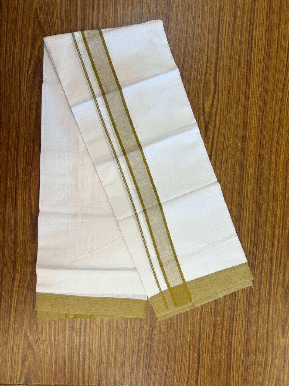 Kaitharikada - Balaramapuram 100% Pure Cotton South Indian Kids Pure White Mundu/Dhoti - 100x80 - 1.5 inch Yellowish Brown Shaded Kara 1.80 mtr (4 Muzham) - 9 KK5287 PMC