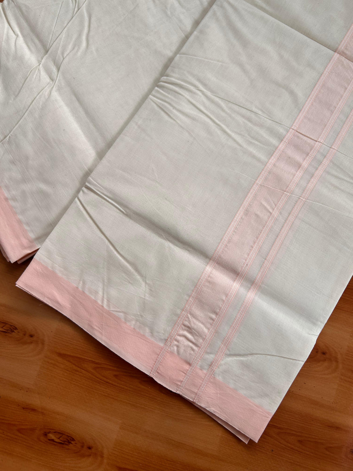 20% Discount ! KaithariKada 100% Cotton Off White (Unbleached) Double Dhoti/Mundu- 100X100 - 1.5 inch Pastel Peach Shaded Striped Kara 4.50 Meters (10 Muzham) - 17 KK5539 ASH