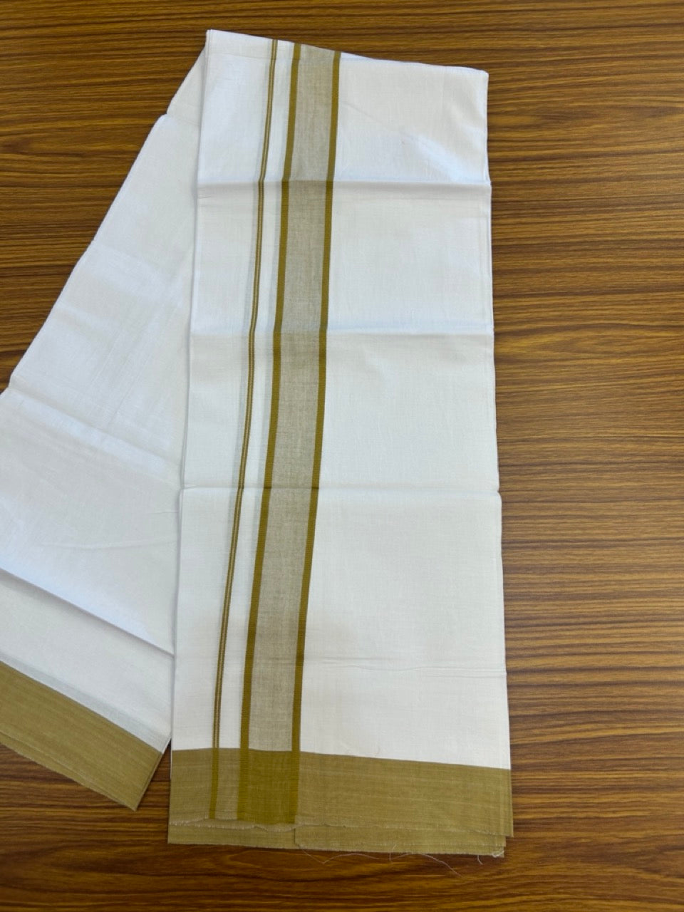 Kaitharikada - Balaramapuram 100% Pure Cotton South Indian Kids Pure White Mundu/Dhoti - 100x80 - 1.5 inch Yellowish Brown Shaded Kara 1.80 mtr (4 Muzham) - 9 KK5287 PMC