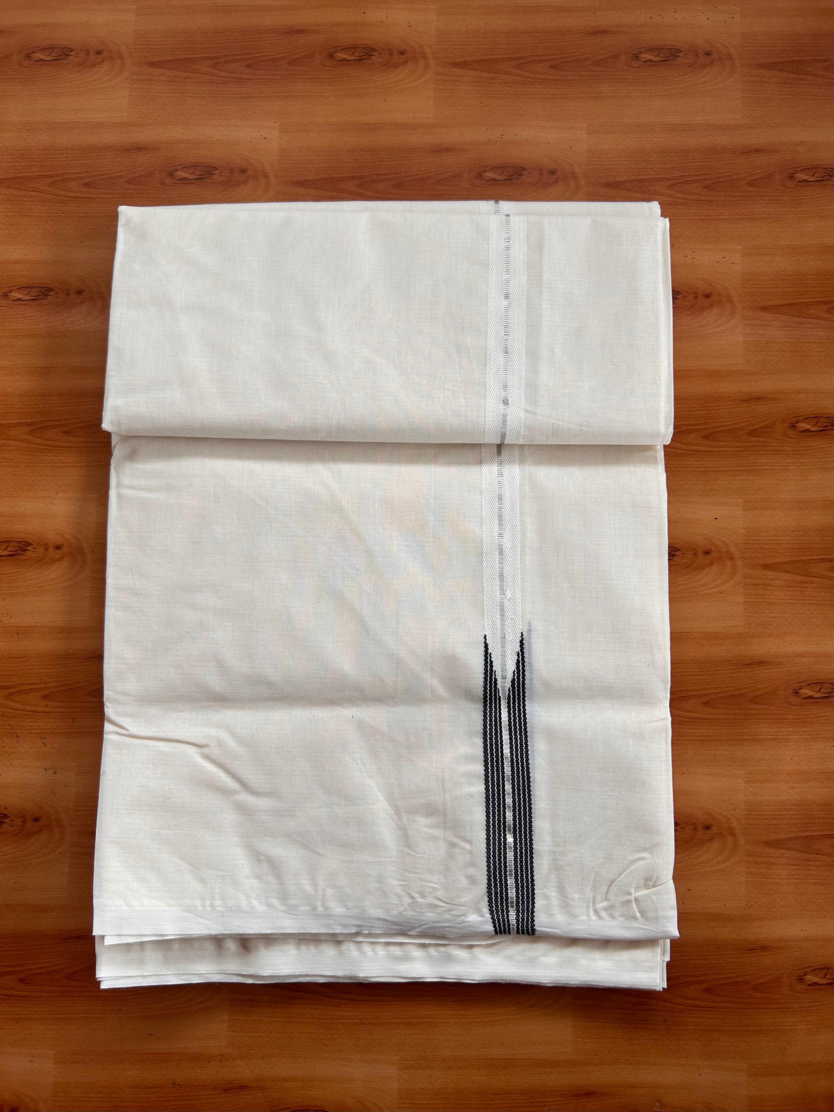 20% Discount ! KaithariKada 100% Cotton Off White (Unbleached) Double Dhoti/Mundu- 100X100 - 0.75 inch Puliyilakkara Silver Kasav & Black Striped Chutty Kara - 19 KK5539 ASH