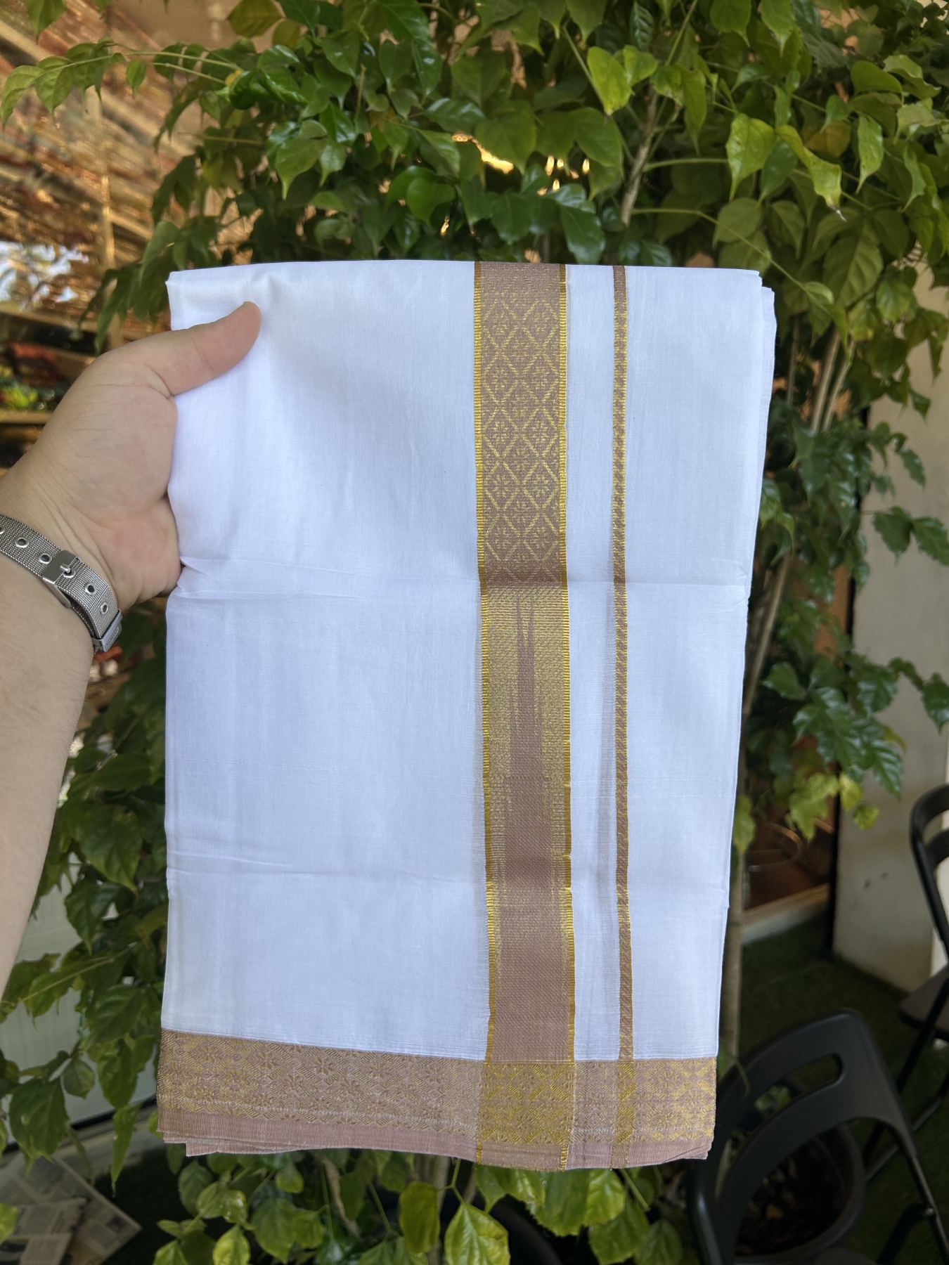 20% Discount ! KaithariKada Balaramapuram 100% Pure Cotton Double Pure White Mundu/Dhoti - 100x80 - 1.25 inch Puliyilakkara Gold Kasav & Dark Peach Jacquard Design Chutty kara 3.90 mtr (8 Muzham) - 21 KK5321 CJT