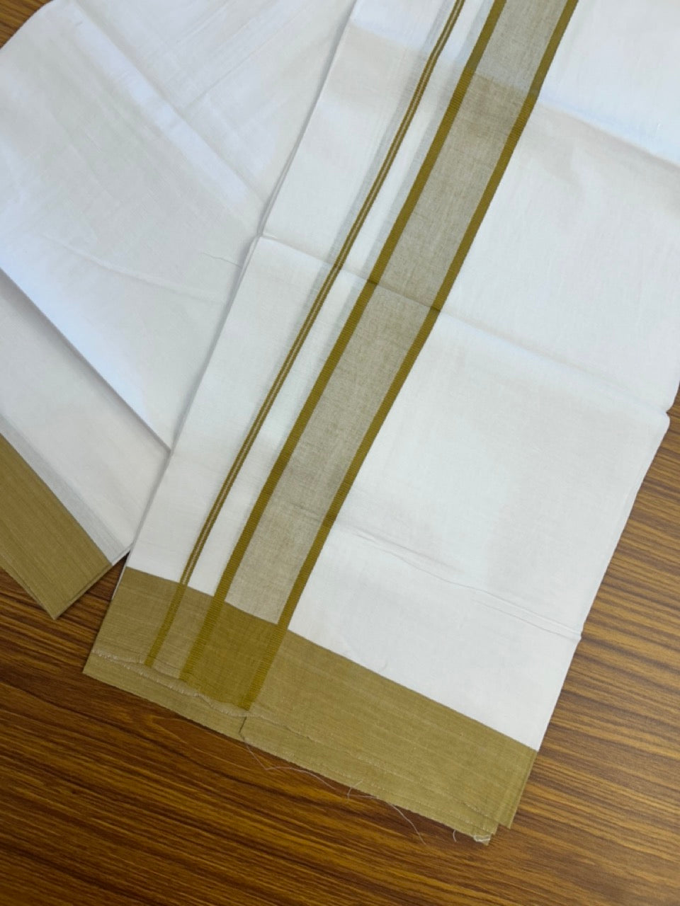 Kaitharikada - Balaramapuram 100% Pure Cotton South Indian Kids Pure White Mundu/Dhoti - 100x80 - 1.5 inch Yellowish Brown Shaded Kara 1.80 mtr (4 Muzham) - 9 KK5287 PMC