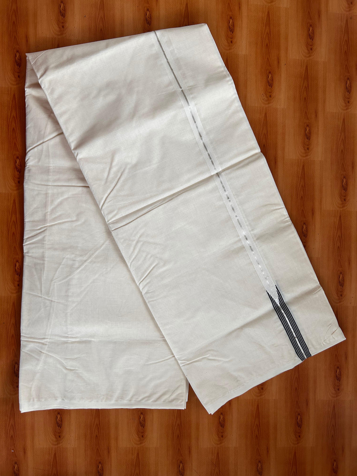 20% Discount ! KaithariKada 100% Cotton Off White (Unbleached) Double Dhoti/Mundu- 100X100 - 0.75 inch Puliyilakkara Silver Kasav & Black Striped Chutty Kara - 19 KK5539 ASH