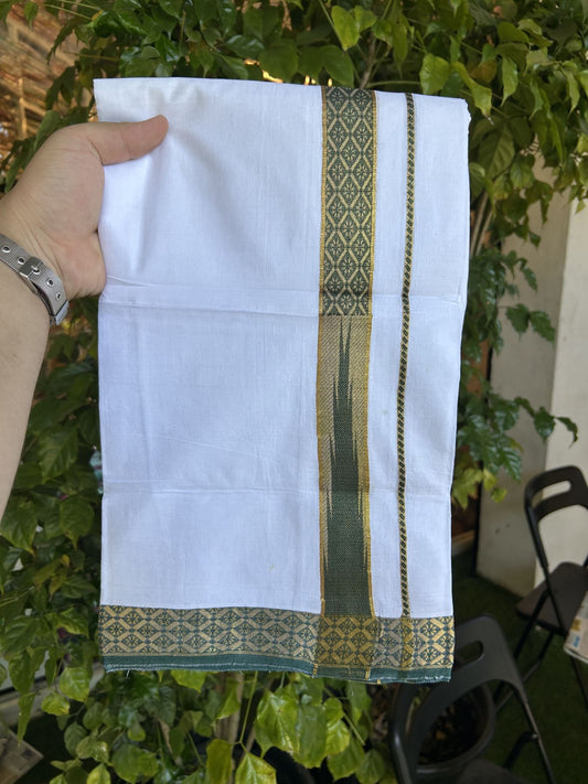 20% Discount ! KaithariKada Balaramapuram 100% Pure Cotton Double Pure White Mundu/Dhoti - 100x80 - 1.25 inch Puliyilakkara Gold Kasav & Green Jacquard Design Chutty kara 3.90 mtr (8 Muzham) - 19 KK5321 CJT