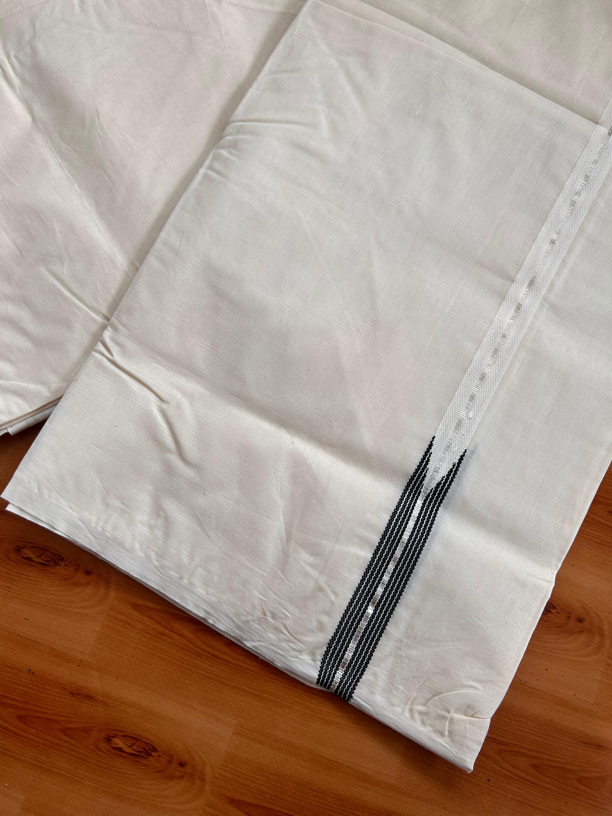 20% Discount ! KaithariKada 100% Cotton Off White (Unbleached) Double Dhoti/Mundu- 100X100 - 0.75 inch Puliyilakkara Silver Kasav & Black Striped Chutty Kara - 19 KK5539 ASH