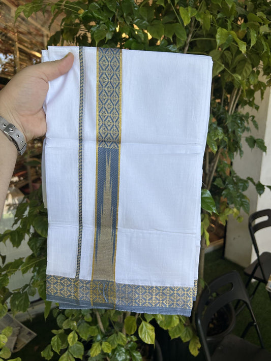 20% Discount ! KaithariKada Balaramapuram 100% Pure Cotton Double Pure White Mundu/Dhoti - 100x80 - 1.25 inch Puliyilakkara Gold Kasav & Peacock Blue Jacquard Design Chutty kara 3.90 mtr (8 Muzham) - 18 KK5321 CJT