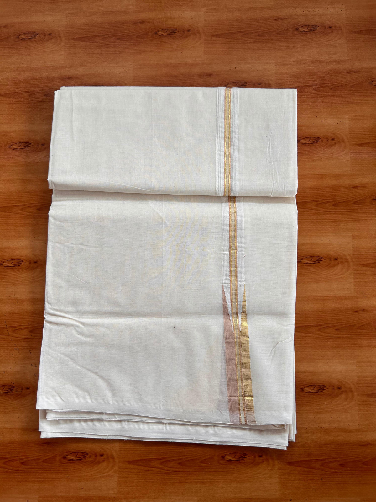 20% Discount ! KaithariKada 100% Cotton Off White (Unbleached) Double Dhoti/Mundu- 100X100 - 1 inch Puliyilakkara Gold Kasav & Peach Brown Chutty Kara 4.50 Meters (10 Muzham) - 18 KK5539 ASH