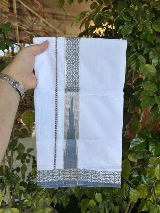 20% Discount ! KaithariKada Balaramapuram 100% Pure Cotton Double Pure White Mundu/Dhoti - 100x80 - 1.25 inch Puliyilakkara Silver Kasav & Peacock Blue Jacquard Design Chutty kara 3.90 mtr (8 Muzham) - 15 KK5321 CJT