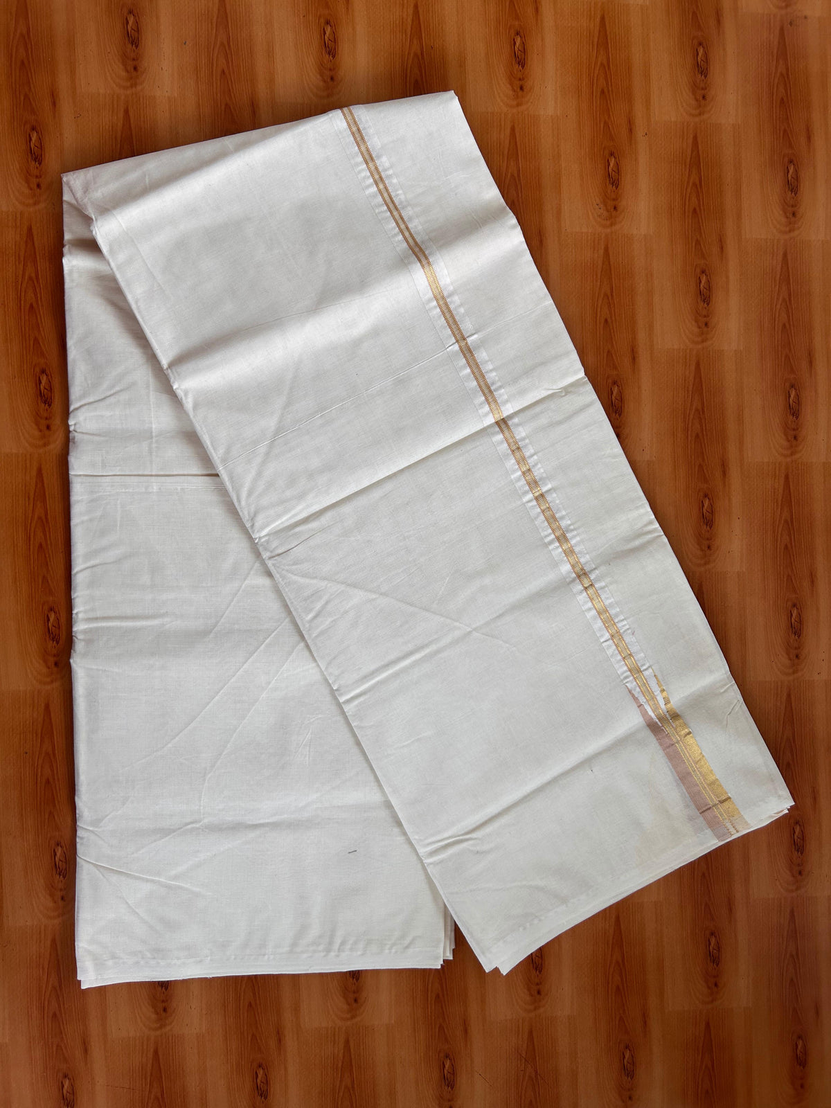 20% Discount ! KaithariKada 100% Cotton Off White (Unbleached) Double Dhoti/Mundu- 100X100 - 1 inch Puliyilakkara Gold Kasav & Peach Brown Chutty Kara 4.50 Meters (10 Muzham) - 18 KK5539 ASH