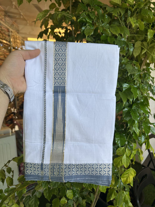 20% Discount ! KaithariKada Balaramapuram 100% Pure Cotton Double Pure White Mundu/Dhoti - 100x80 - 1.25 inch Puliyilakkara Silver Kasav & Peacock Blue Jacquard Design Chutty kara 3.90 mtr (8 Muzham) - 14 KK5321 CJT