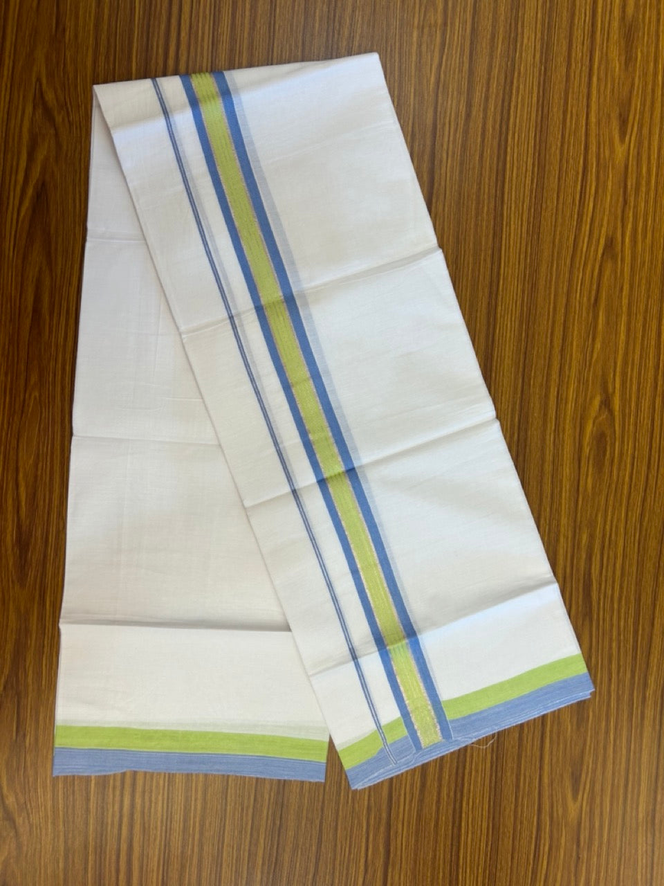 19% Discount!! KaithariKada Balaramapuram 100% Cotton Single Pure White Mundu/Dhoti - 100X80 - 1.5 inch Silver Kasav Light Green & Light Blue Stripes kara 1.90 mtr (4 muzham) - 1 KK5287 PMC