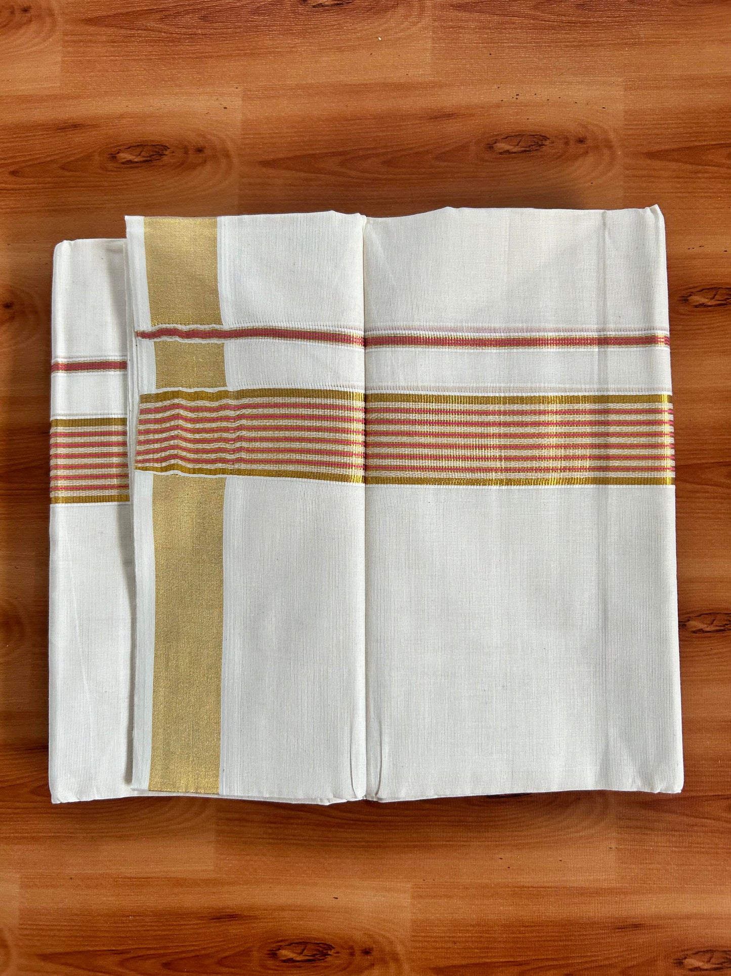 Double Off White Mundu/Dhoti -20% Discount! Kaitharikada Balaramapuram - 100x80 - 1.5 Inch Gold Kasav & Pink Stripes Kara 4 mtr (8.5 muzham) - 19 KK5417 VAS