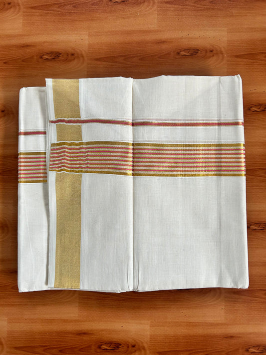Double Off White Mundu/Dhoti -20% Discount! Kaitharikada Balaramapuram - 100x80 - 1.5 Inch Gold Kasav & Pink Stripes Kara 4 mtr (8.5 muzham) - 19 KK5417 VAS