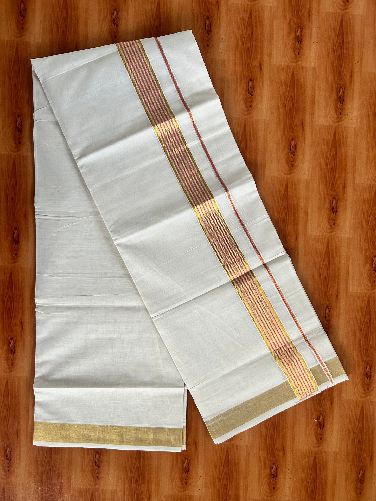 Double Off White Mundu/Dhoti -20% Discount! Kaitharikada Balaramapuram - 100x80 - 1.5 Inch Gold Kasav & Pink Stripes Kara 4 mtr (8.5 muzham) - 19 KK5417 VAS