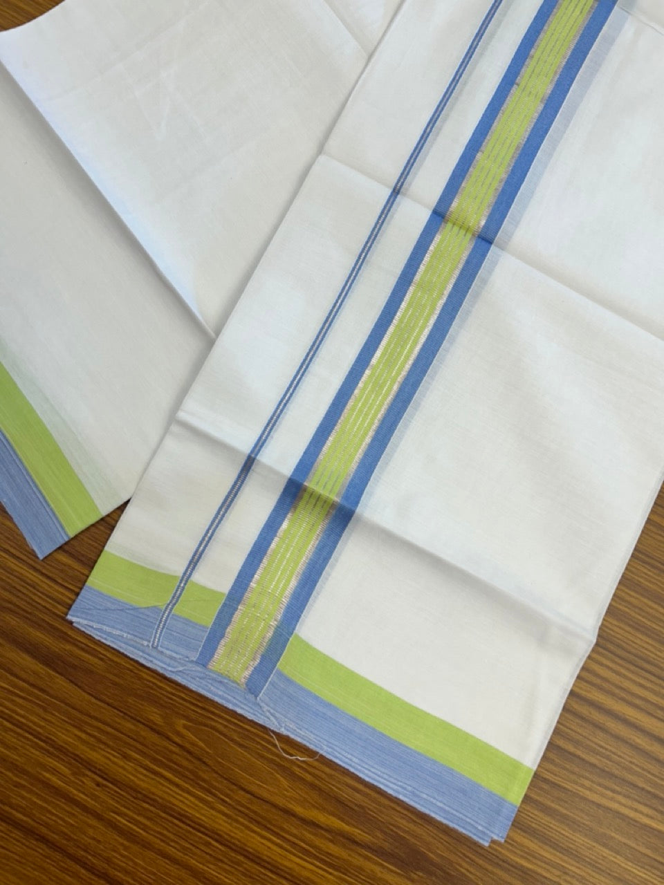 19% Discount!! KaithariKada Balaramapuram 100% Cotton Single Pure White Mundu/Dhoti - 100X80 - 1.5 inch Silver Kasav Light Green & Light Blue Stripes kara 1.90 mtr (4 muzham) - 1 KK5287 PMC