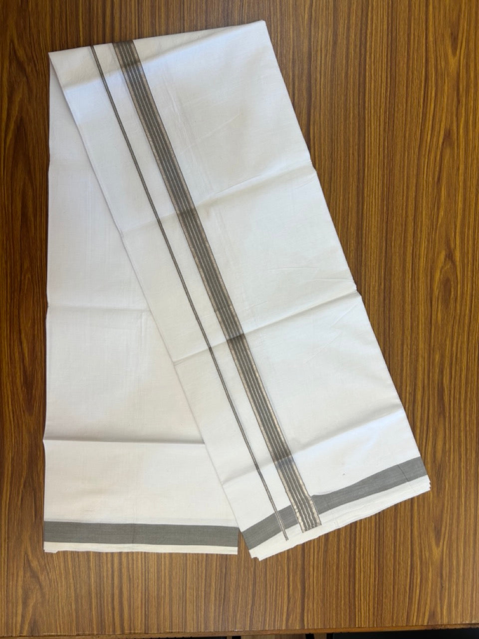 20% Discount!! KaithariKada Balaramapuram 100% Cotton Single Pure White Mundu/Dhoti - 100X80 - 1 inch Silver Kasav Brown Stripes kara 1.90 mtr (4 muzham) - 4 KK5287 PMC
