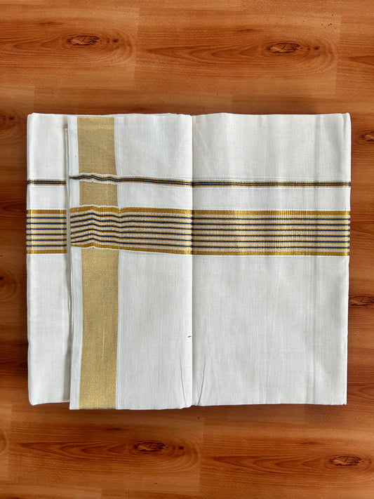 Double Off White Mundu/Dhoti -20% Discount! Kaitharikada Balaramapuram - 100x80 - 1.5 Inch Gold Kasav & Peacock Blue Stripes Kara 4 mtr (8.5 muzham) - 20 KK5417 VAS