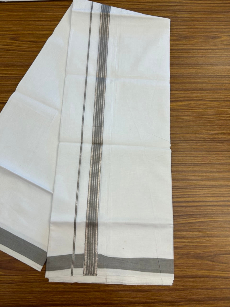20% Discount!! KaithariKada Balaramapuram 100% Cotton Single Pure White Mundu/Dhoti - 100X80 - 1 inch Silver Kasav Brown Stripes kara 1.90 mtr (4 muzham) - 4 KK5287 PMC