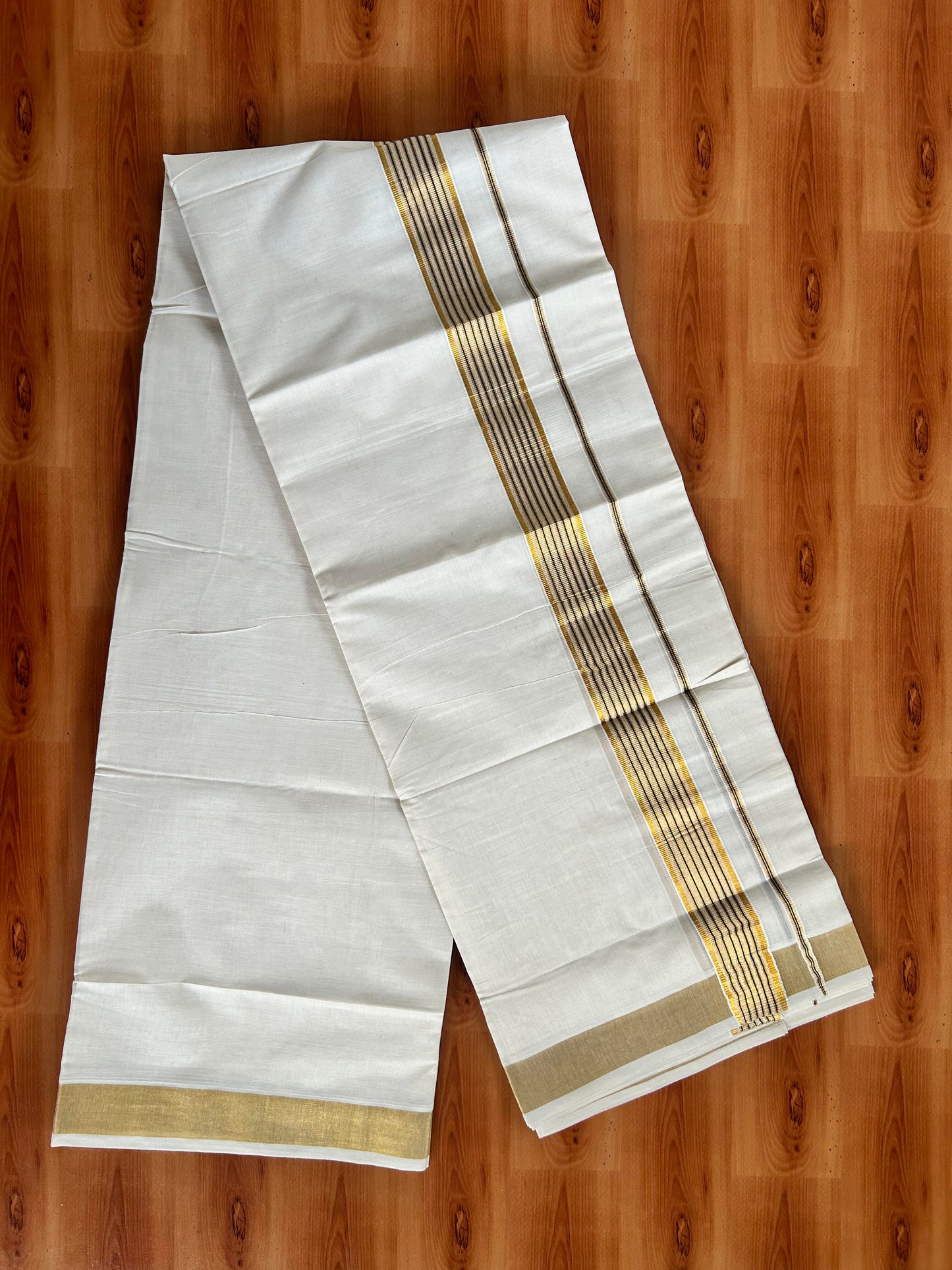Double Off White Mundu/Dhoti -20% Discount! Kaitharikada Balaramapuram - 100x80 - 1.5 Inch Gold Kasav & Peacock Blue Stripes Kara 4 mtr (8.5 muzham) - 20 KK5417 VAS