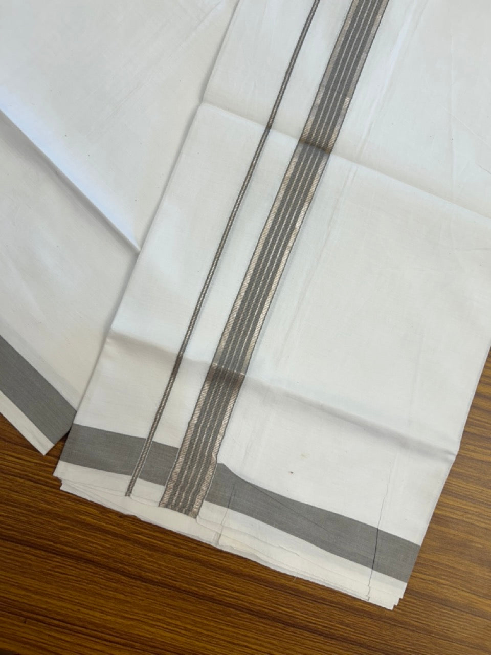 20% Discount!! KaithariKada Balaramapuram 100% Cotton Single Pure White Mundu/Dhoti - 100X80 - 1 inch Silver Kasav Brown Stripes kara 1.90 mtr (4 muzham) - 4 KK5287 PMC