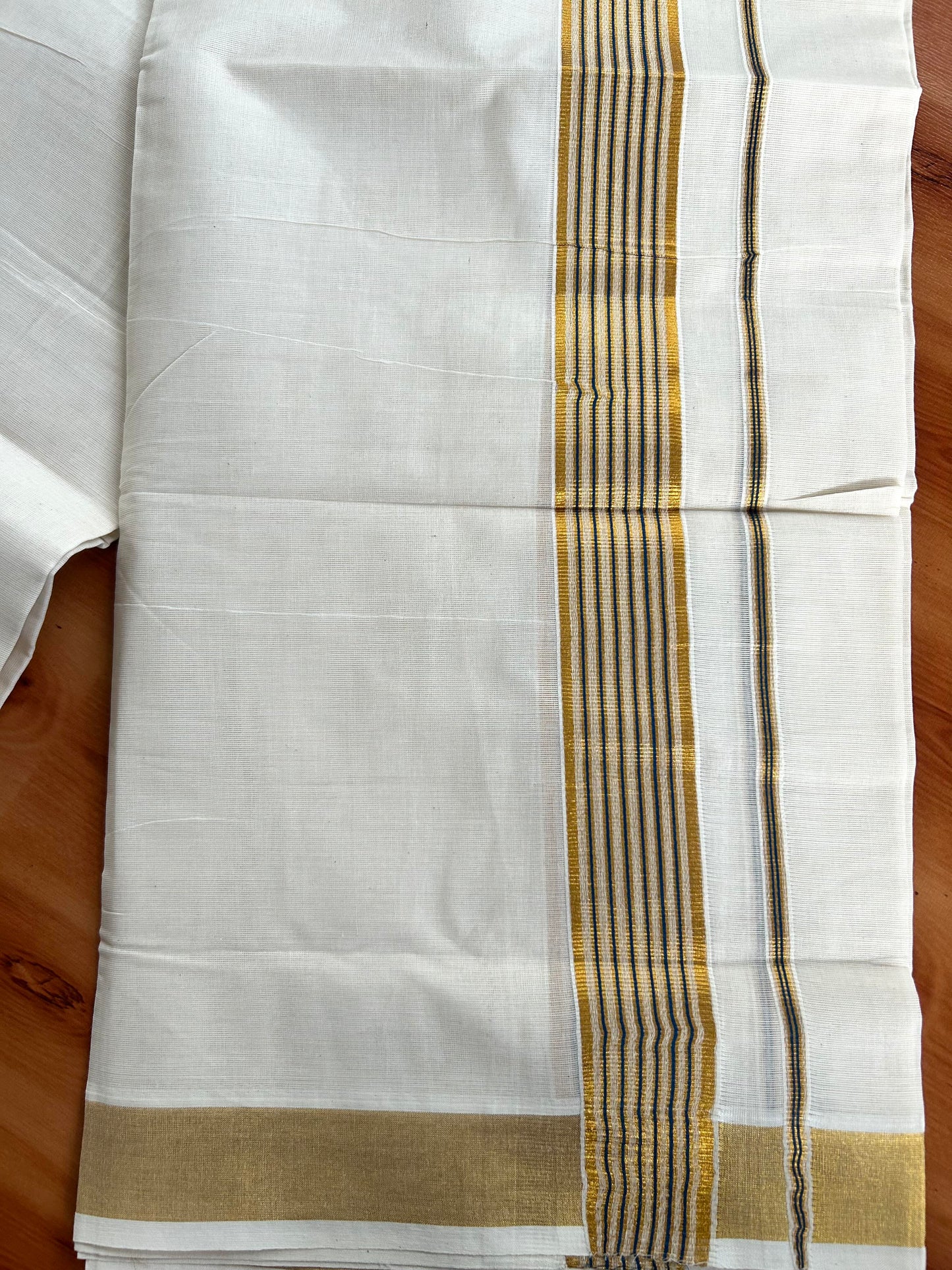 Double Off White Mundu/Dhoti -20% Discount! Kaitharikada Balaramapuram - 100x80 - 1.5 Inch Gold Kasav & Peacock Blue Stripes Kara 4 mtr (8.5 muzham) - 20 KK5417 VAS