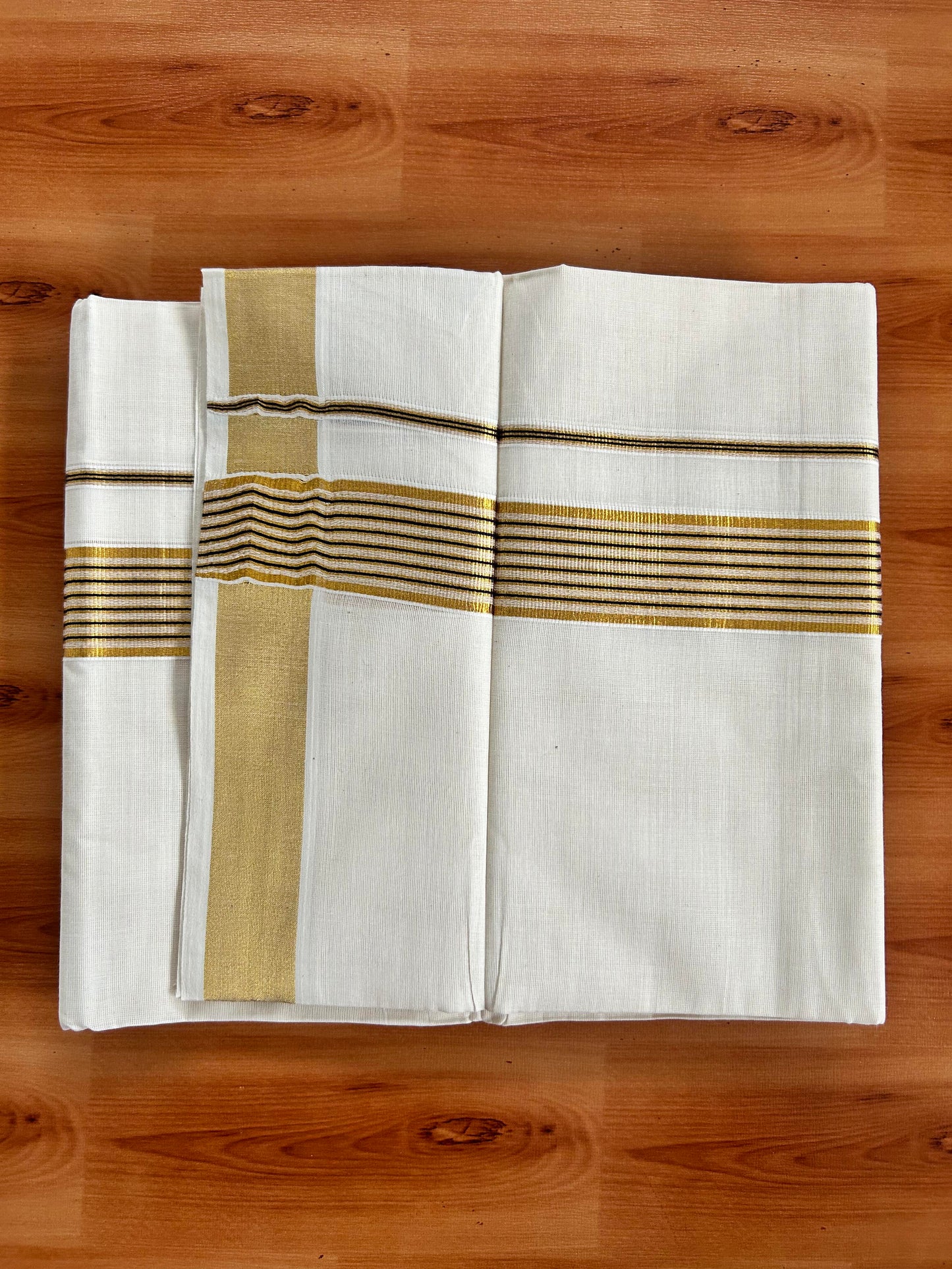 Double Off White Mundu/Dhoti -20% Discount! Kaitharikada Balaramapuram - 100x80 - 1.5 Inch Gold Kasav & Navy Blue Stripes Kara 4 mtr (8.5 muzham) - 21 KK5417 VAS
