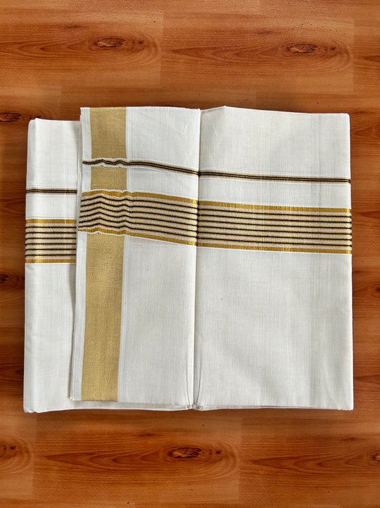 Double Off White Mundu/Dhoti -20% Discount! Kaitharikada Balaramapuram - 100x80 - 1.5 Inch Gold Kasav & Navy Blue Stripes Kara 4 mtr (8.5 muzham) - 21 KK5417 VAS