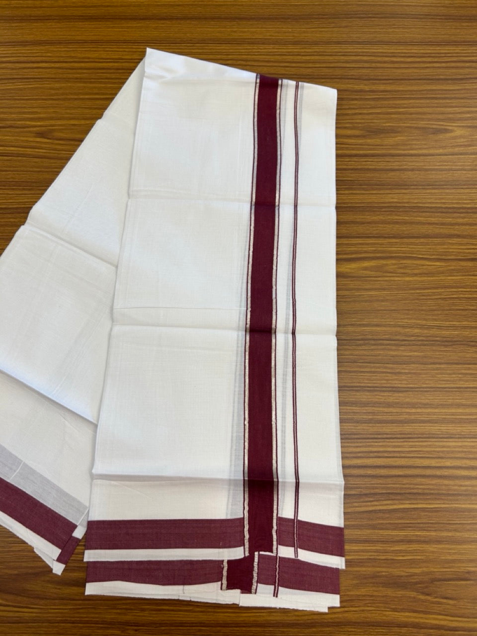 20% Discount!! KaithariKada Balaramapuram 100% Cotton Single Pure White Mundu/Dhoti - 100X80 - 1.25 inch Silver Kasav Maroon kara 1.90 mtr (4 muzham) - 6 KK5287 PMC