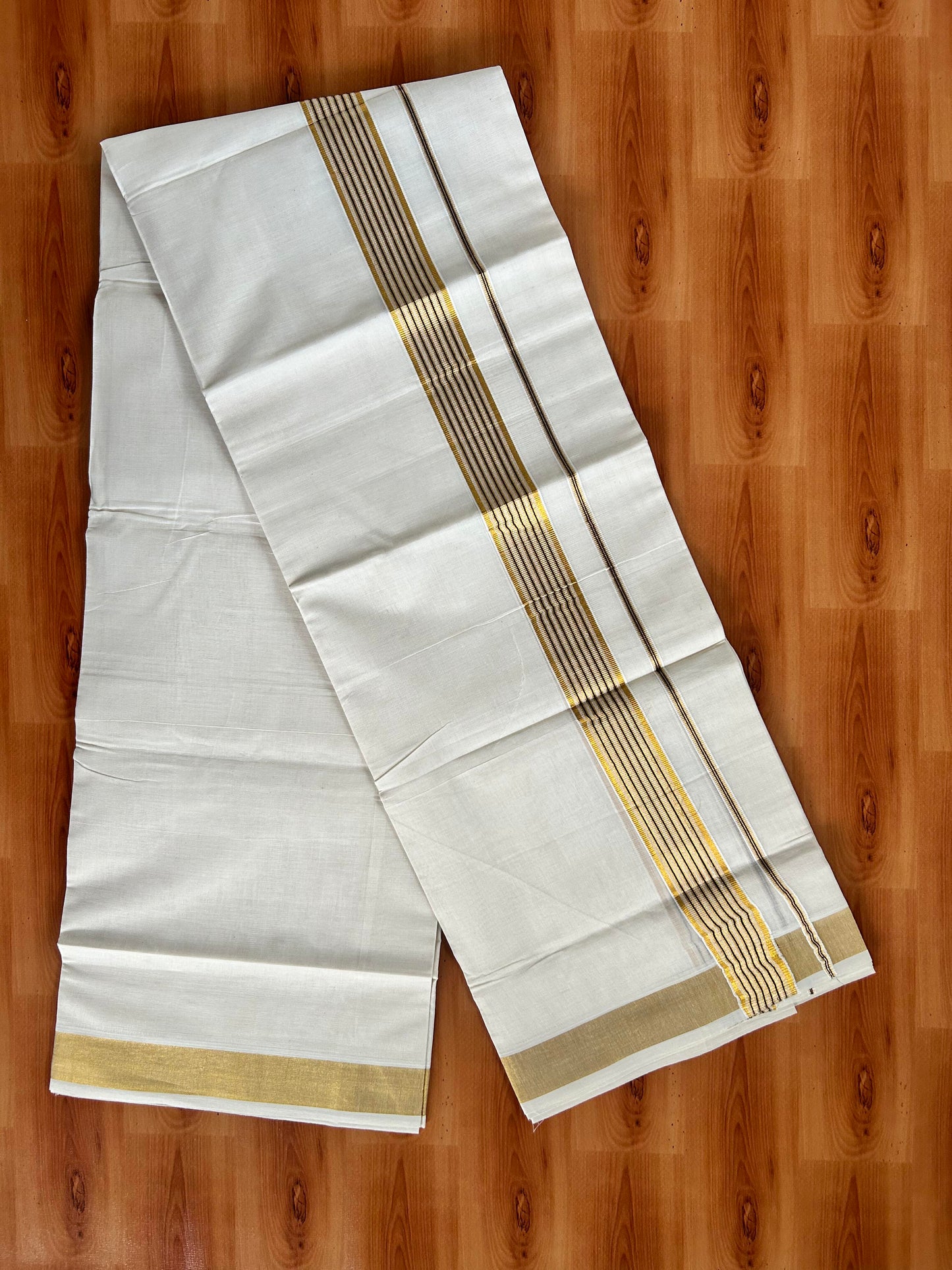 Double Off White Mundu/Dhoti -20% Discount! Kaitharikada Balaramapuram - 100x80 - 1.5 Inch Gold Kasav & Navy Blue Stripes Kara 4 mtr (8.5 muzham) - 21 KK5417 VAS