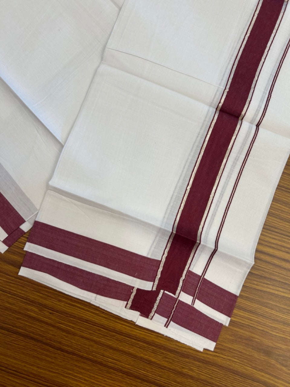 20% Discount!! KaithariKada Balaramapuram 100% Cotton Single Pure White Mundu/Dhoti - 100X80 - 1.25 inch Silver Kasav Maroon kara 1.90 mtr (4 muzham) - 6 KK5287 PMC