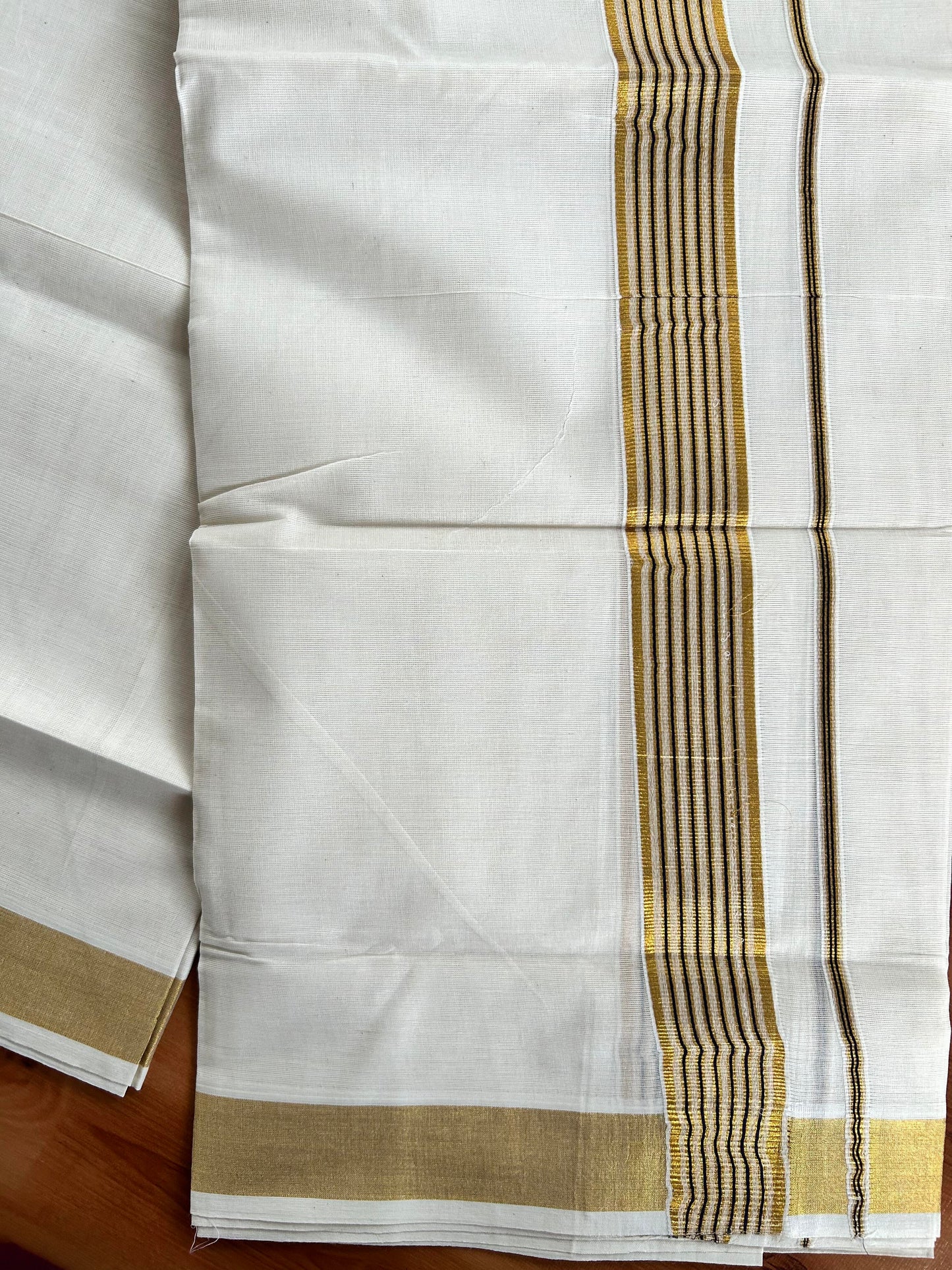 Double Off White Mundu/Dhoti -20% Discount! Kaitharikada Balaramapuram - 100x80 - 1.5 Inch Gold Kasav & Navy Blue Stripes Kara 4 mtr (8.5 muzham) - 21 KK5417 VAS