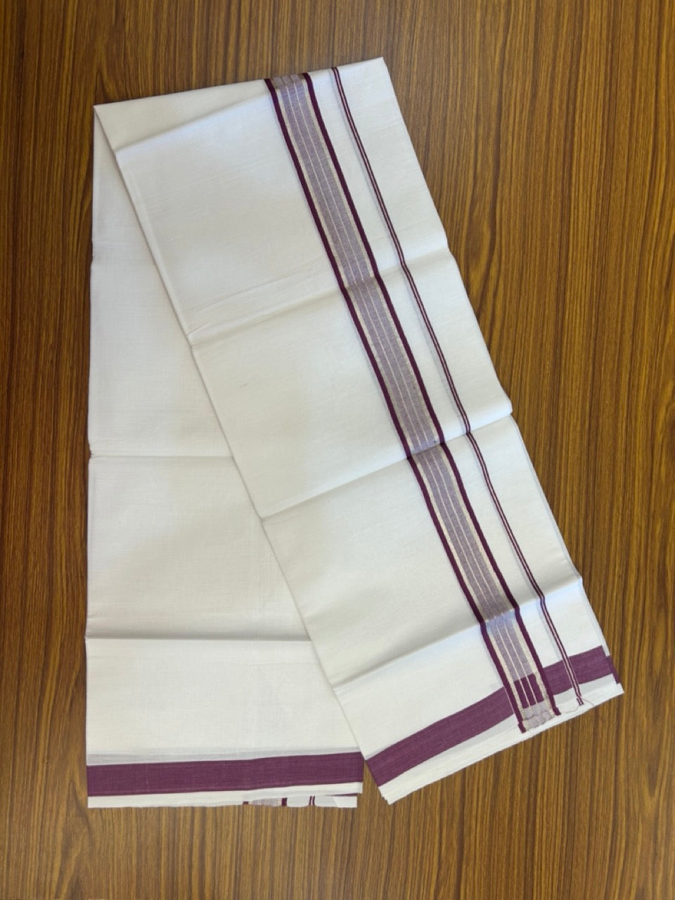 19% Discount!! KaithariKada Balaramapuram 100% Cotton Single Pure White Mundu/Dhoti - 100X80 - 1.5 inch Silver Kasav Violet Stripes kara 1.90 mtr (4 muzham) - 5 KK5287 PMC