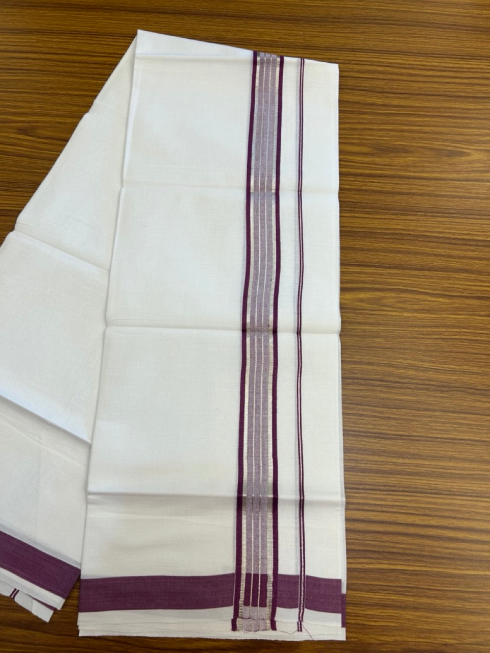 19% Discount!! KaithariKada Balaramapuram 100% Cotton Single Pure White Mundu/Dhoti - 100X80 - 1.5 inch Silver Kasav Violet Stripes kara 1.90 mtr (4 muzham) - 5 KK5287 PMC