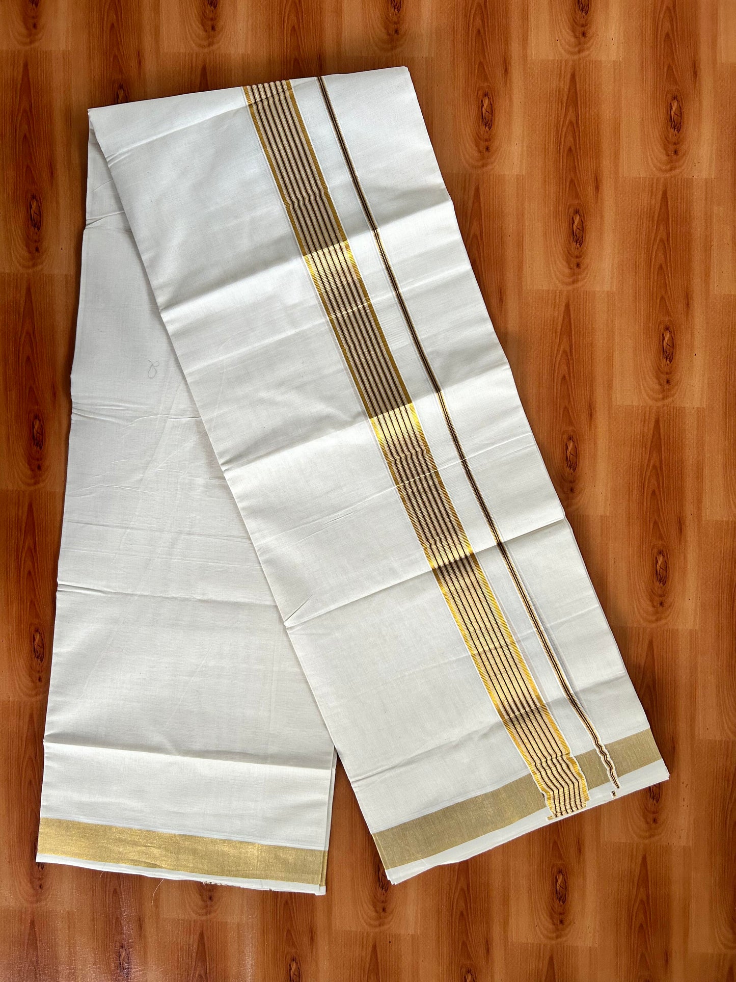 Double Off White Mundu/Dhoti -20% Discount! Kaitharikada Balaramapuram - 100x80 - 1.5 Inch Gold Kasav & Brown Stripes Kara 4 mtr (8.5 muzham) - 22 KK5417 VAS