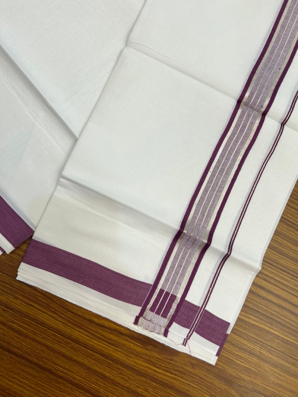 19% Discount!! KaithariKada Balaramapuram 100% Cotton Single Pure White Mundu/Dhoti - 100X80 - 1.5 inch Silver Kasav Violet Stripes kara 1.90 mtr (4 muzham) - 5 KK5287 PMC