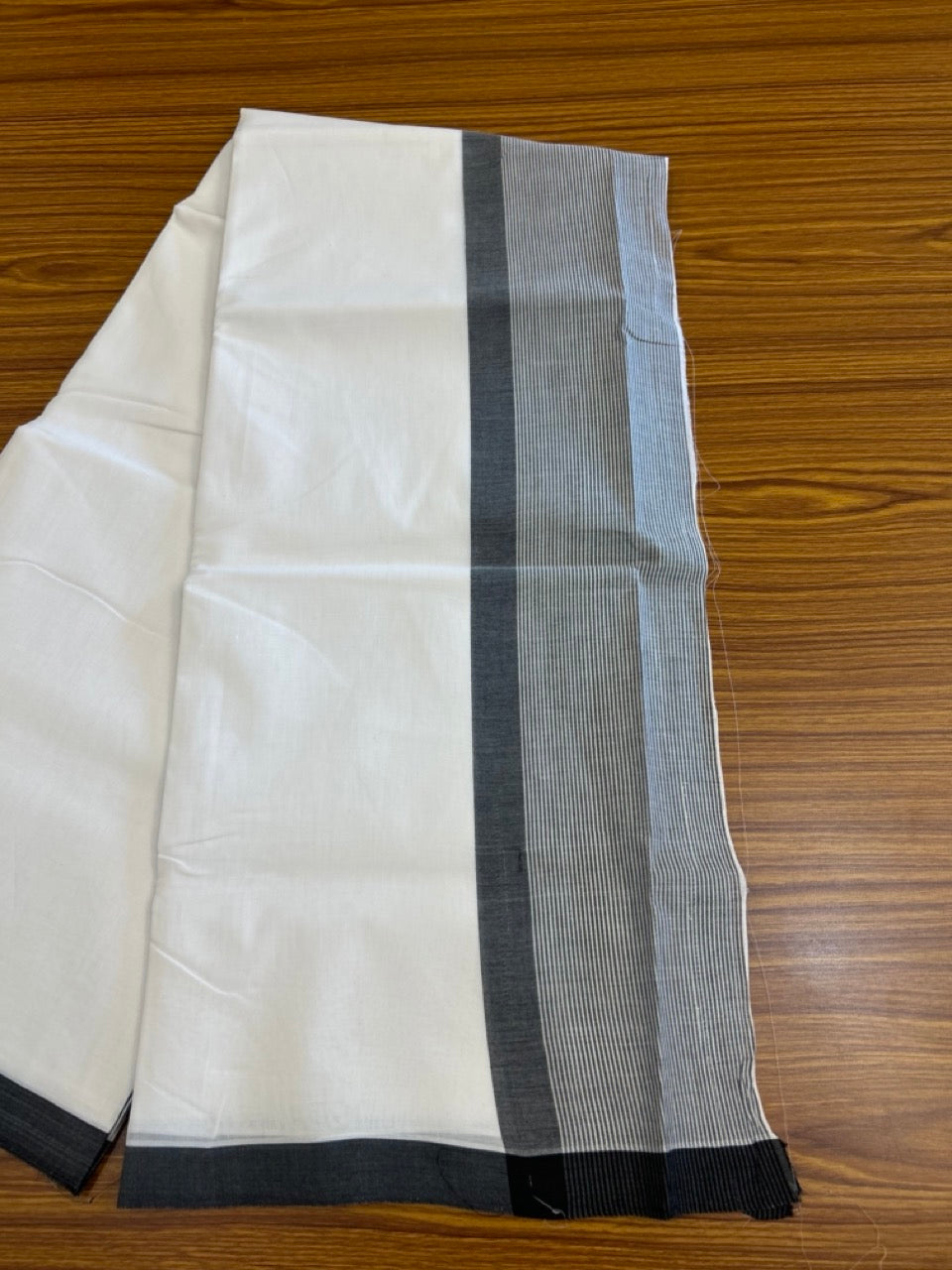 34% DISCOUNT!! KaithariKada Balaramapuram 100% Cotton PURE WHITE Double Mundu/Dhoti-100x100 - 5 inch Black & white striped kara - 27KK5043ASH
