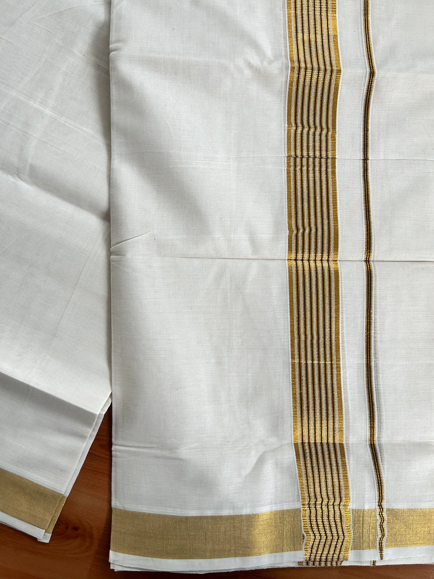 Double Off White Mundu/Dhoti -20% Discount! Kaitharikada Balaramapuram - 100x80 - 1.5 Inch Gold Kasav & Brown Stripes Kara 4 mtr (8.5 muzham) - 22 KK5417 VAS