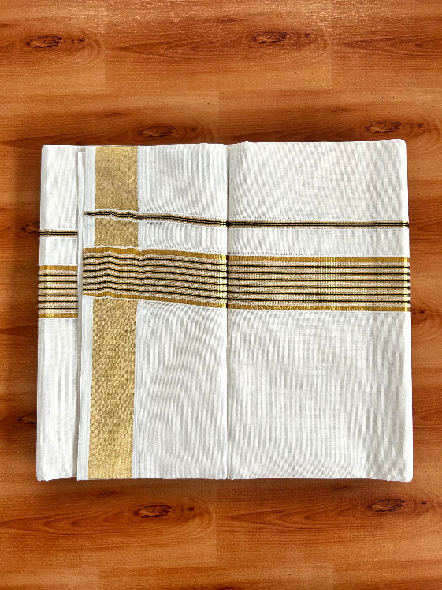 Double Off White Mundu/Dhoti -20% Discount! Kaitharikada Balaramapuram - 100x80 - 1.5 Inch Gold Kasav & Black Stripes Kara 4 mtr (8.5 muzham) - 23 KK5417 VAS