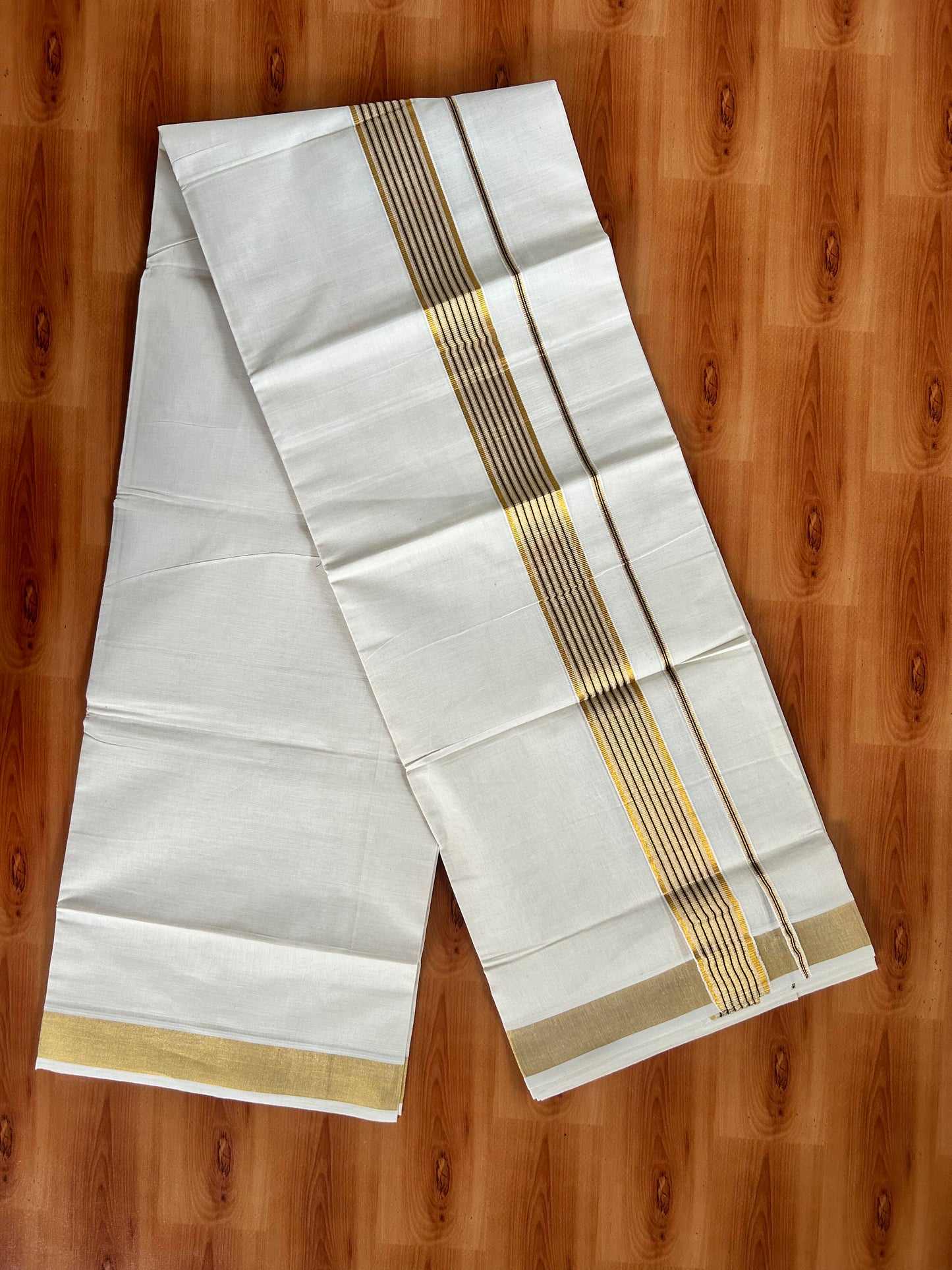 Double Off White Mundu/Dhoti -20% Discount! Kaitharikada Balaramapuram - 100x80 - 1.5 Inch Gold Kasav & Black Stripes Kara 4 mtr (8.5 muzham) - 23 KK5417 VAS