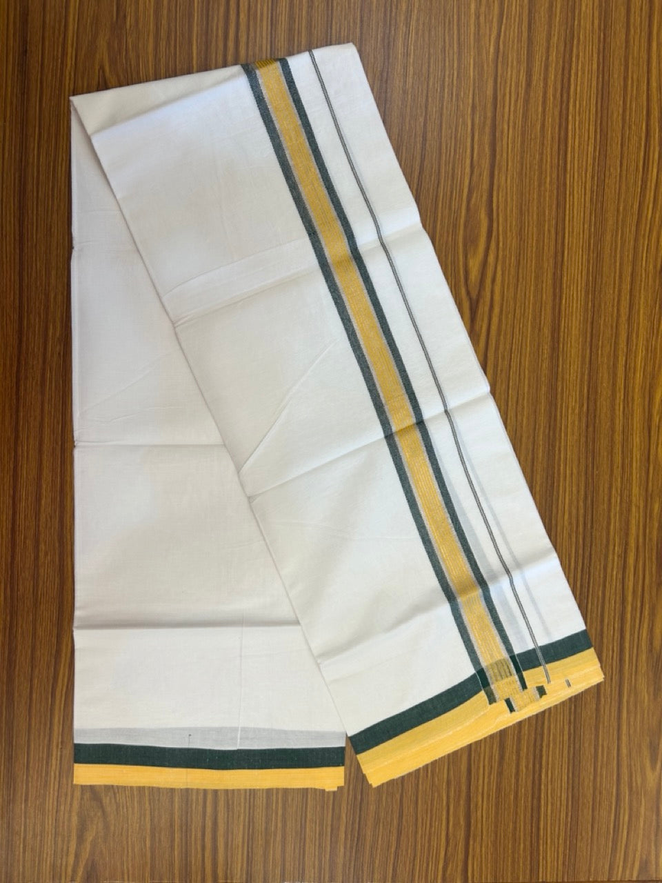 19% Discount!! KaithariKada Balaramapuram 100% Cotton Single Pure White Mundu/Dhoti - 100X80 - 1.5 inch Silver Kasav Yellow & Green Stripes kara 1.90 mtr (4 muzham) - 3 KK5287 PMC