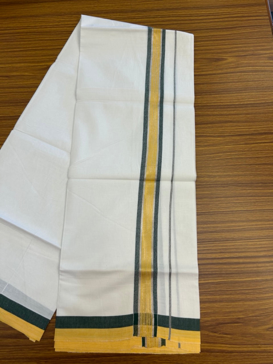 19% Discount!! KaithariKada Balaramapuram 100% Cotton Single Pure White Mundu/Dhoti - 100X80 - 1.5 inch Silver Kasav Yellow & Green Stripes kara 1.90 mtr (4 muzham) - 3 KK5287 PMC